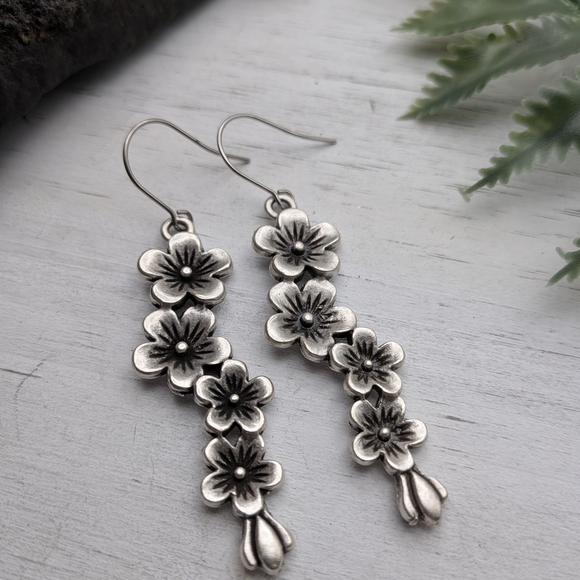 Sterling Silver Floral Drop Earrings - Silver Flower Dangle Earrings - Picture 2 of 5